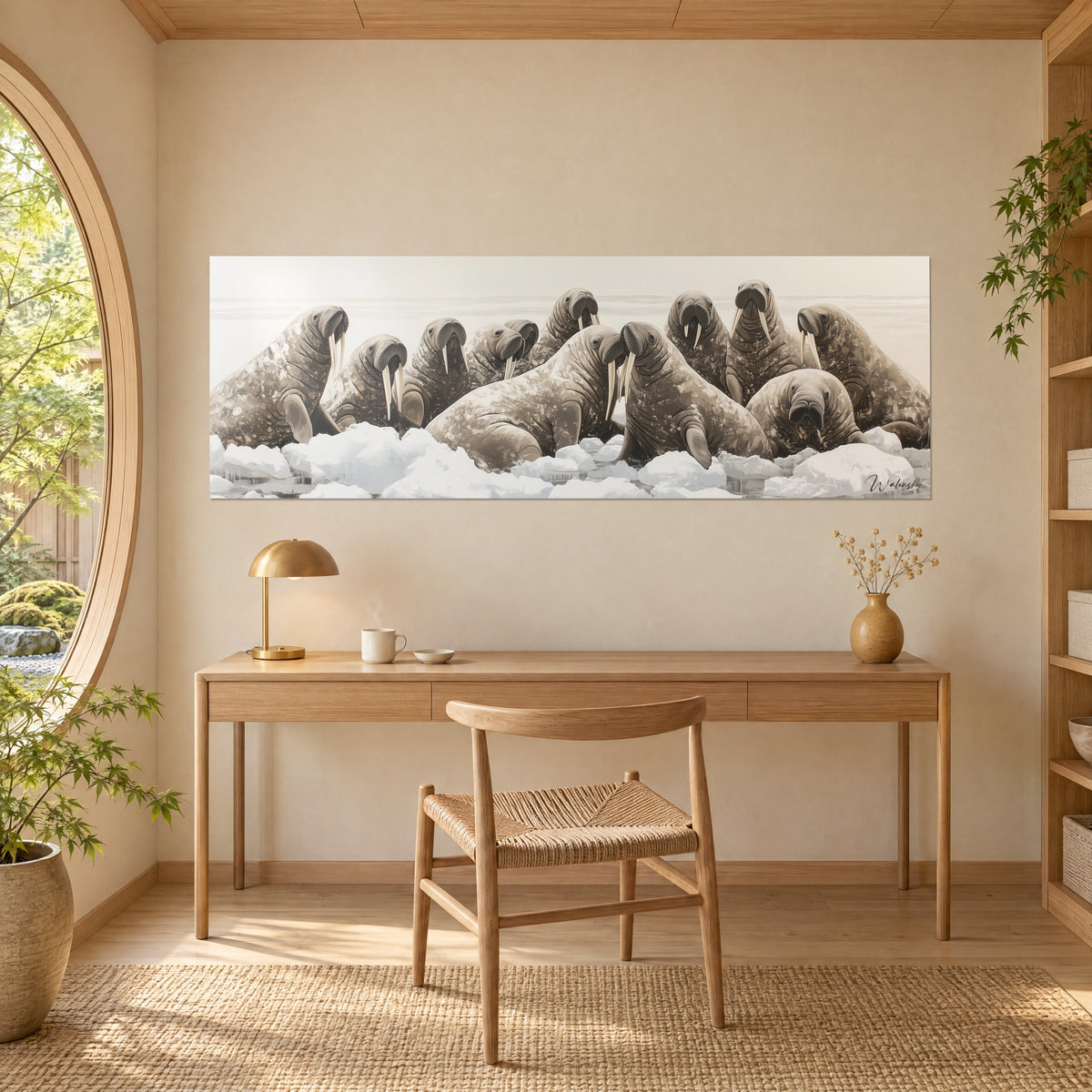 Schilderij walrussen met snorharen en witte slagtanden op een ijsschol, taupe en wit monochroom, opgehangen boven een bureau van licht hout