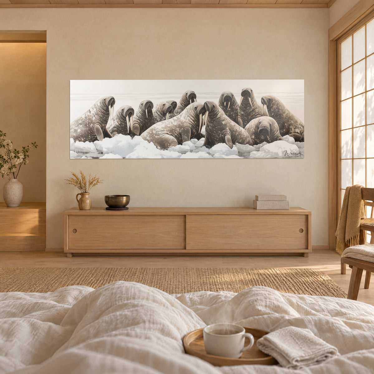 Schilderij zeezoogdieren met lange crèmekleurige slagtanden, taupe vacht op witte ijsblokken, boven een bed in een lichte slaapkamer