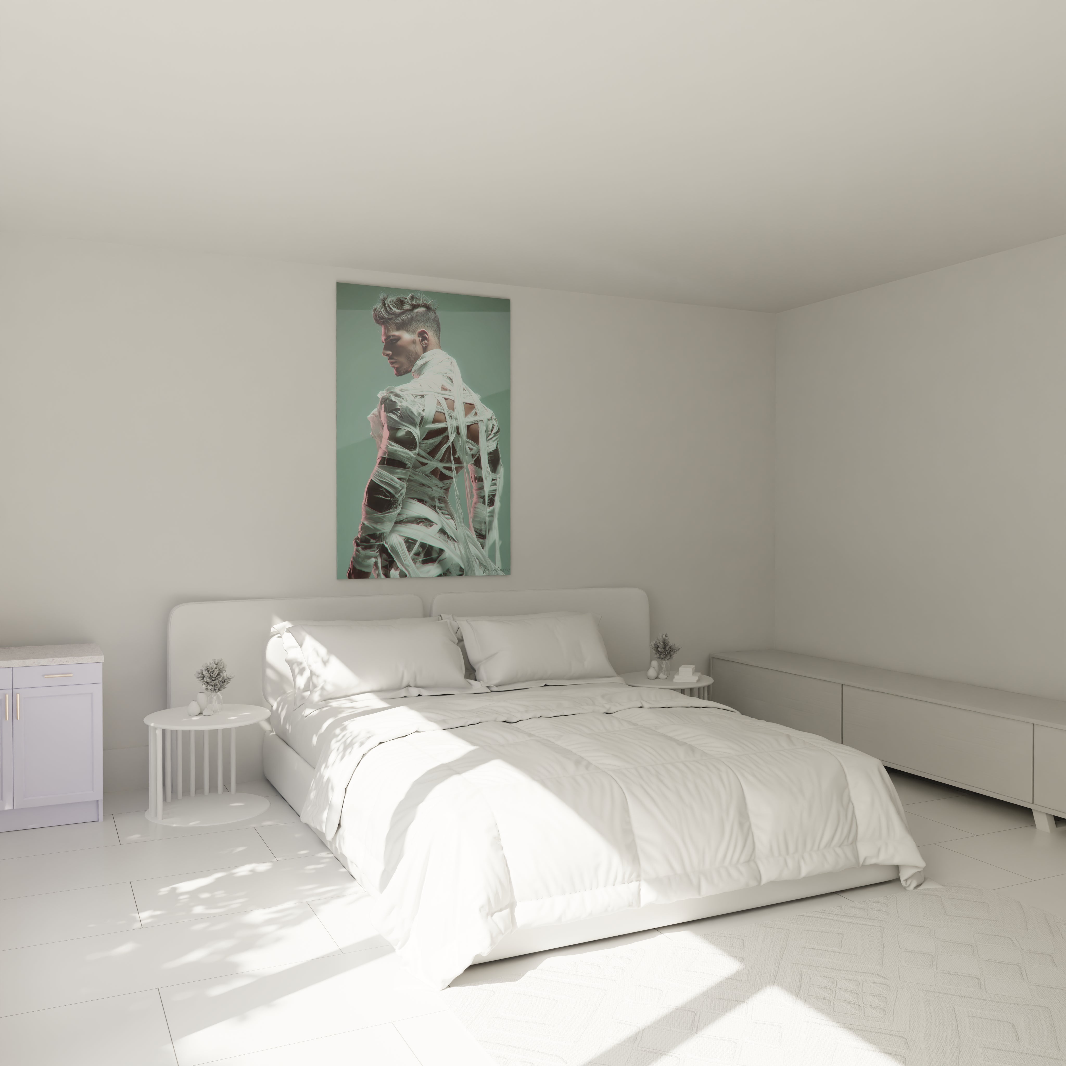Tableau photographie artistique homme affiché dans une chambre lumineuse avec un lit moderne