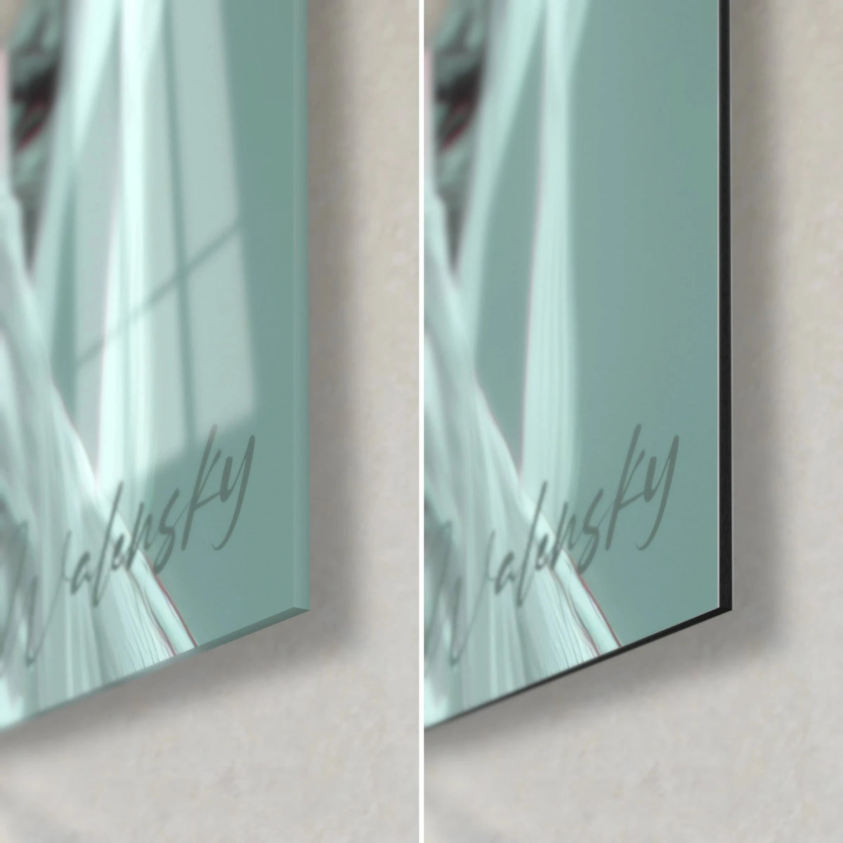 Gemälde Modell in weiße Seide gehüllt, unten rechts: glänzendes Acrylglas mit Reflexen, mattschwarzes Alu-Dibond, 3 mm Stärke