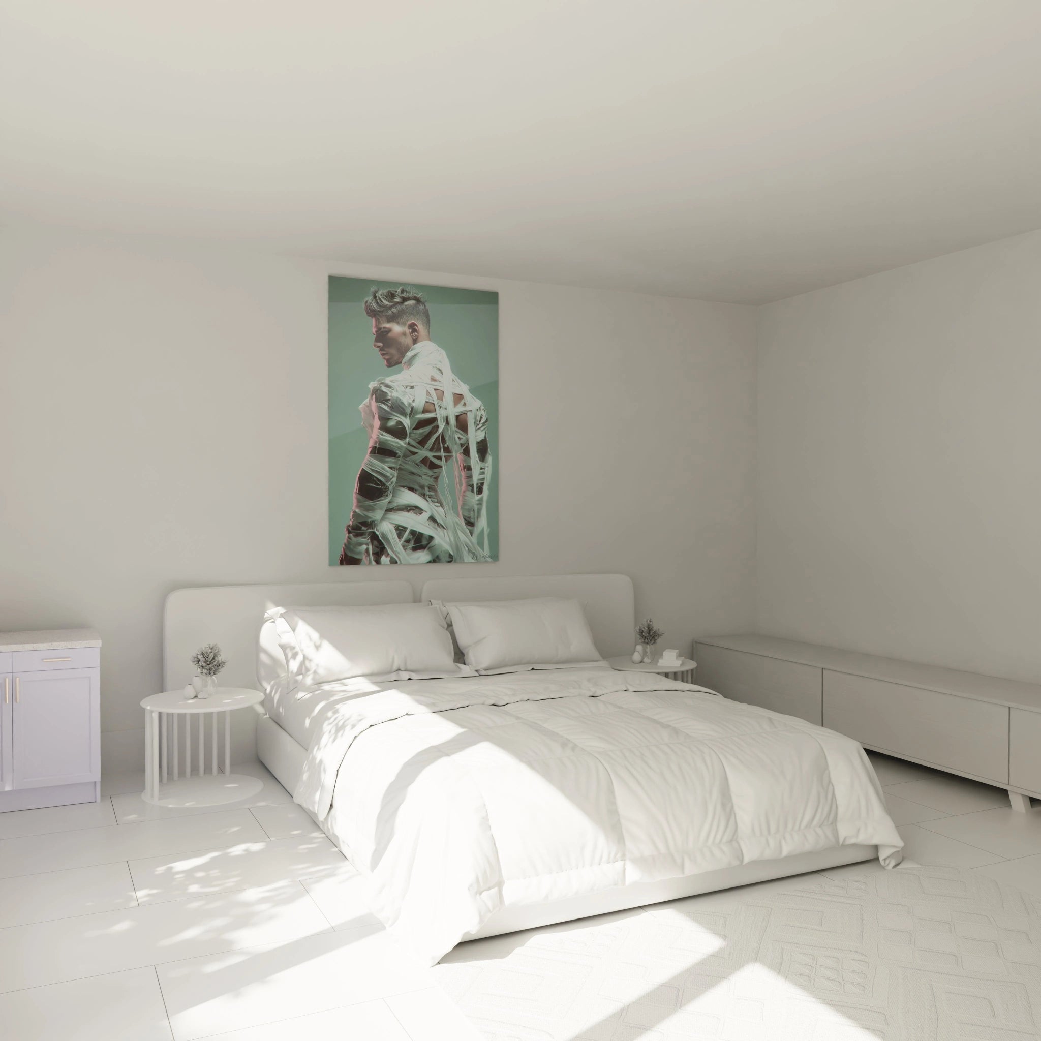 Tableau photographie artistique homme affiché dans une chambre lumineuse avec un lit moderne