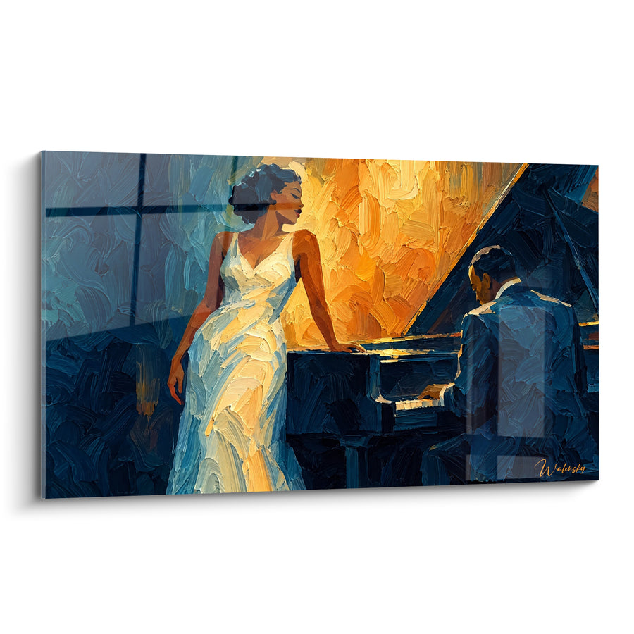 Tableau Chanteuse robe blanche et pianiste doré - Duo nocturne - Edition Piano