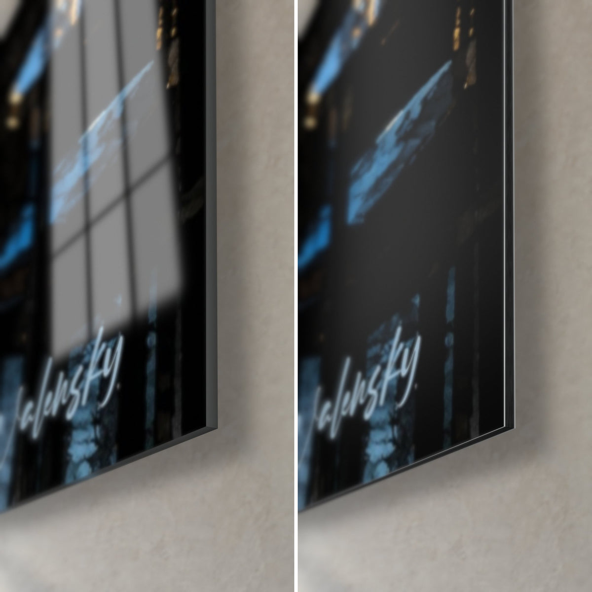 Tableau musicien au piano, coin bas droit : verre acrylique brillant et reflets bleus, alu Dibond mat noir, tranche de 3 mm