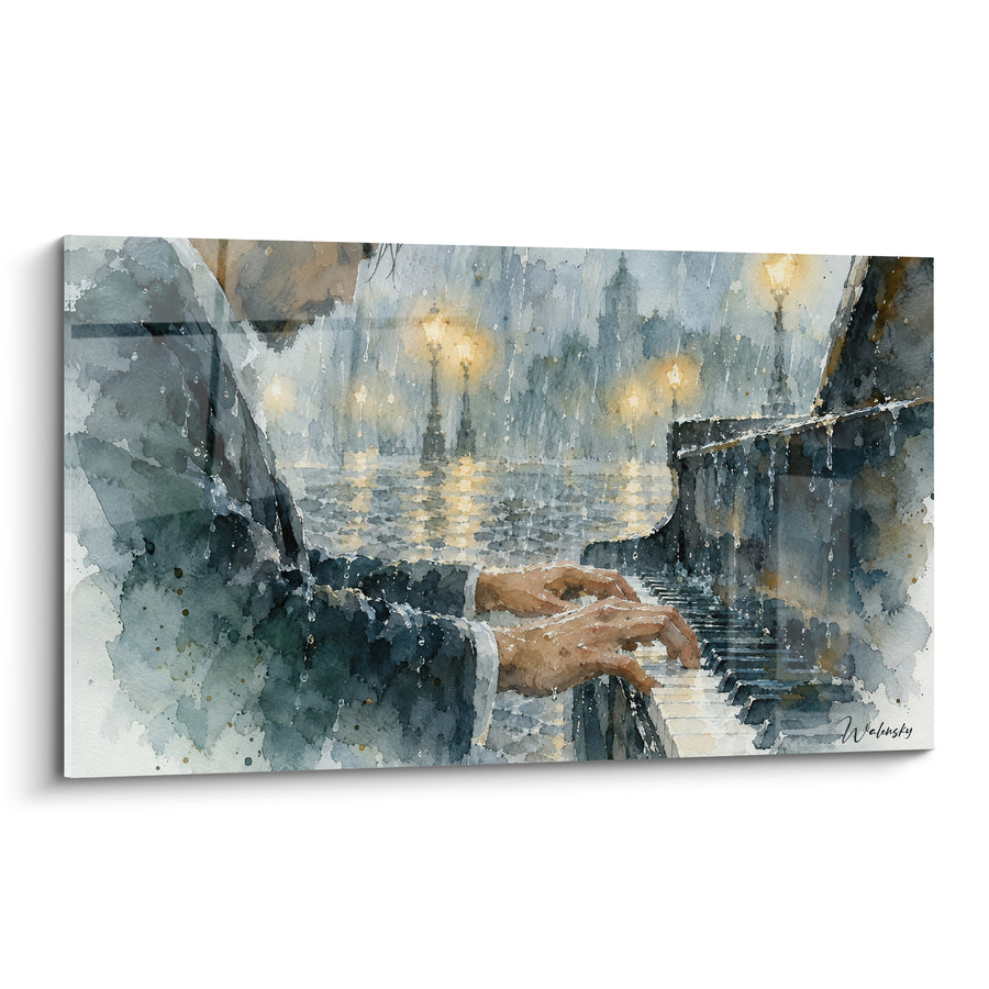 Tableau Mains sur clavier bleu gris et doré - Nocturne pluvieux - Edition Piano