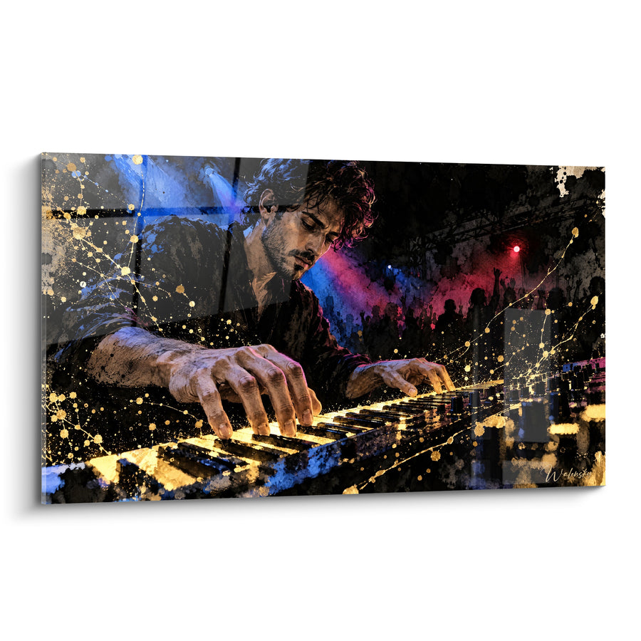 Tableau Pianiste brun aux éclaboussures dorées et bleues devant une foule - Faisceaux de projecteurs - Edition Piano