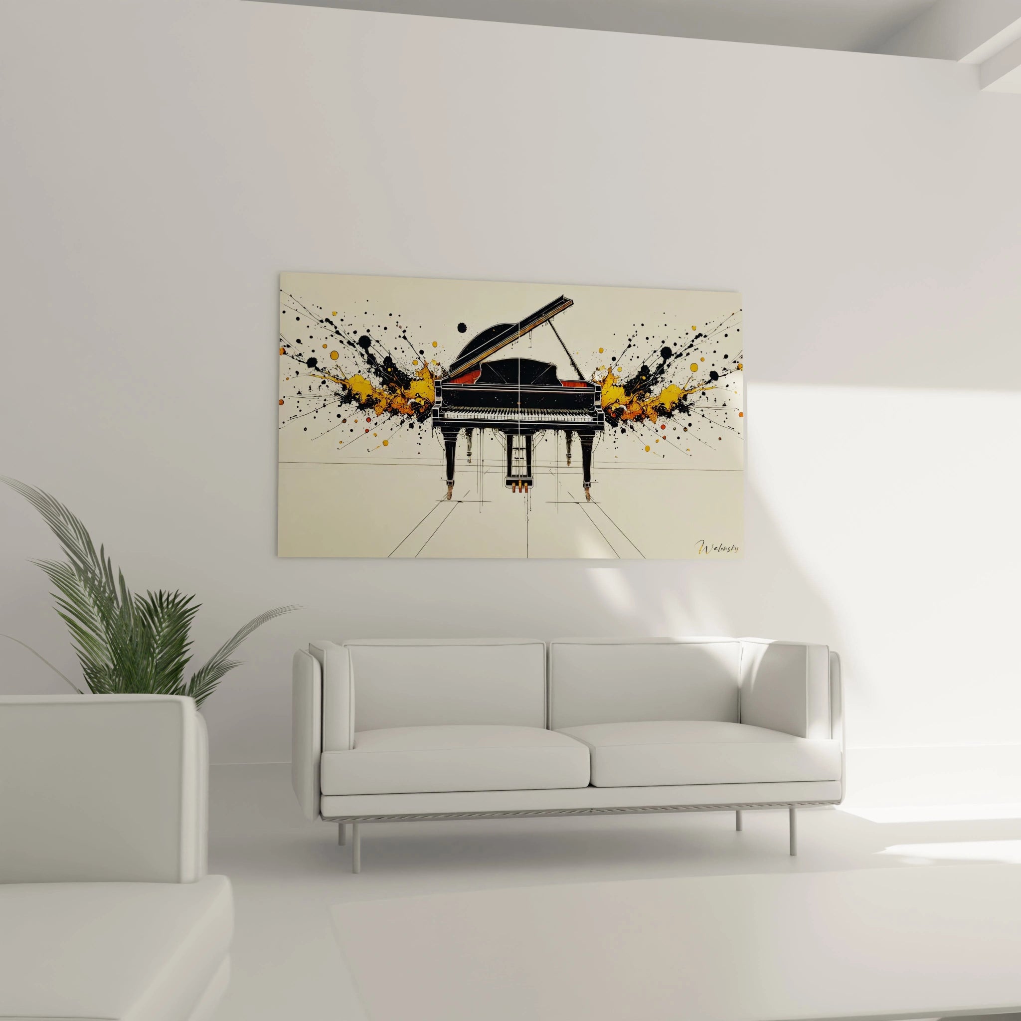 Tableau musique abstrait installé dans une chambre moderne, ajoutant une touche artistique et énergétique au-dessus du lit.
