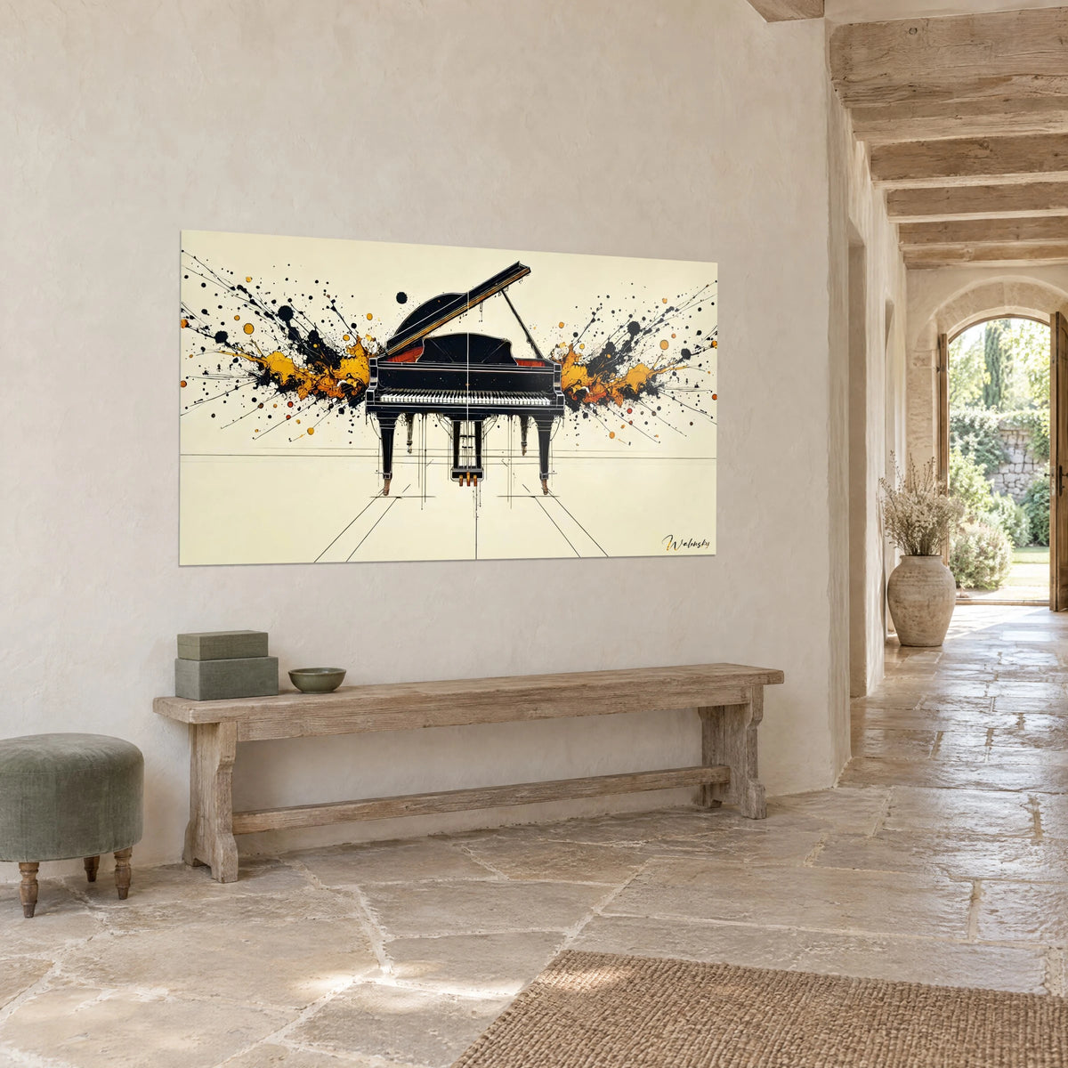 Cuadro instrumento de teclado con teclas marfil y tapa levantada, gotas amarillo azafrán sobre fondo crema, pared de piedra, vista de tres cuartos
