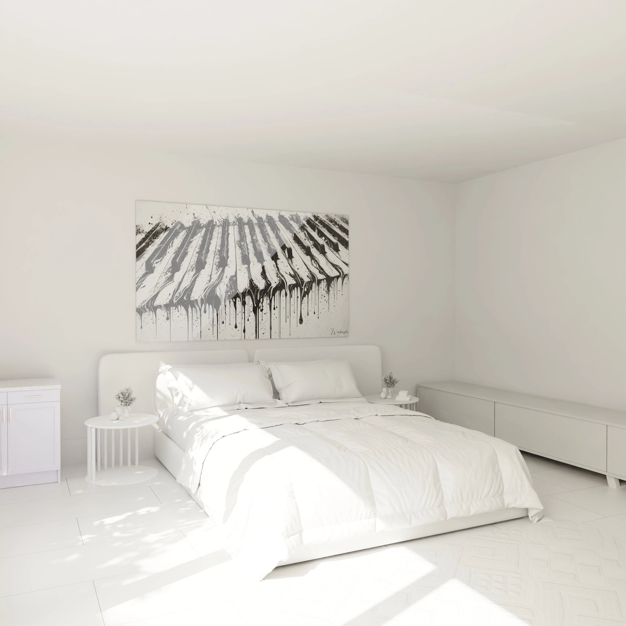 Un tableau musique abstrait installé au-dessus d’un lit, créant une ambiance apaisante et artistique dans une chambre.
