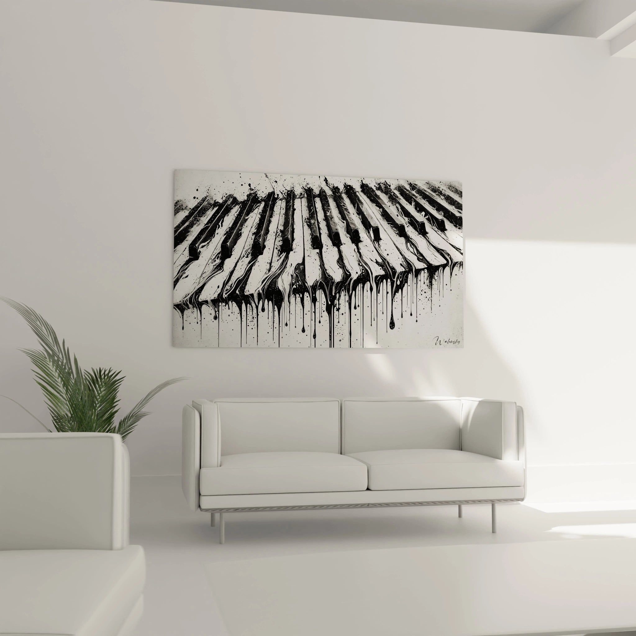 Un tableau musique abstrait suspendu dans un salon moderne, mettant en avant des éclats noirs et fluides.
