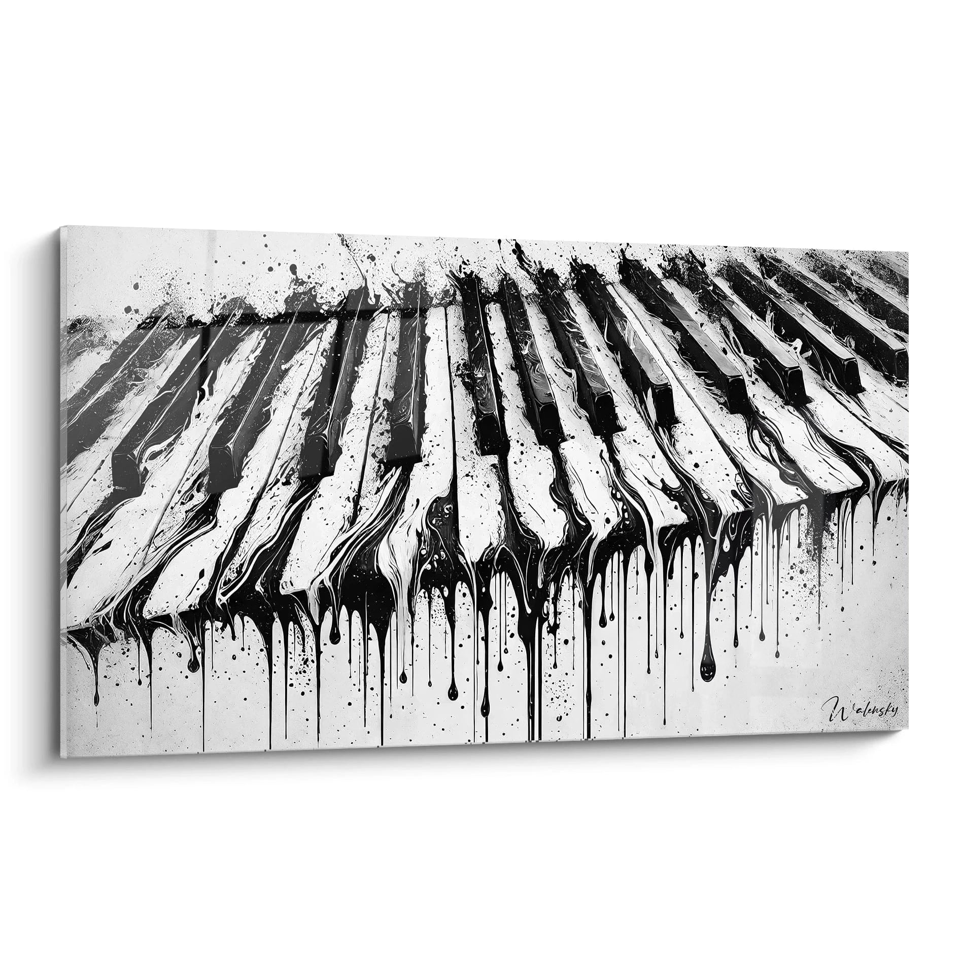 Un tableau musique abstrait montrant un clavier de piano fluide, avec des textures noires et blanches dynamiques.
