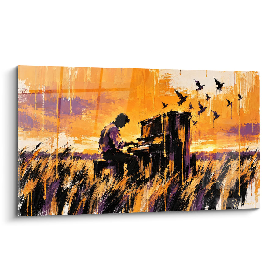 Tableau Pianiste droit orange et violet dans un champ - Envol au crépuscule - Edition Piano