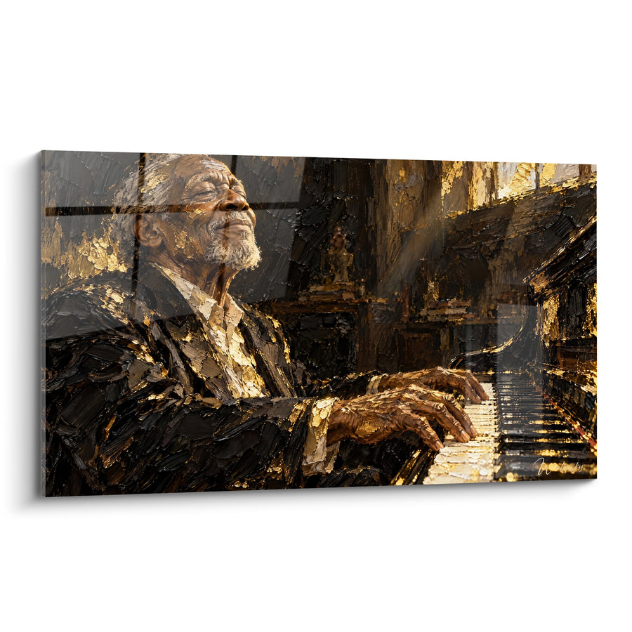 Tableau Pianiste barbu noir et doré yeux clos - Rayon de lumière - Edition Piano