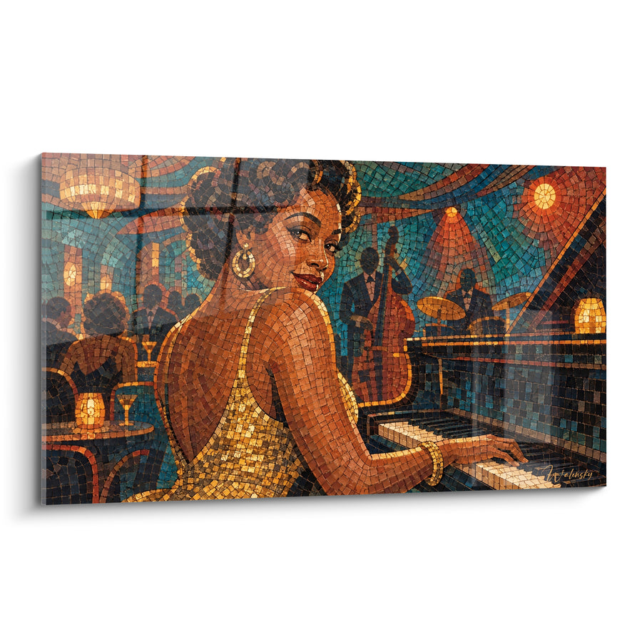 Tableau Pianiste en robe dorée et club bleu nuit - Soirée jazz dorée - Edition Piano