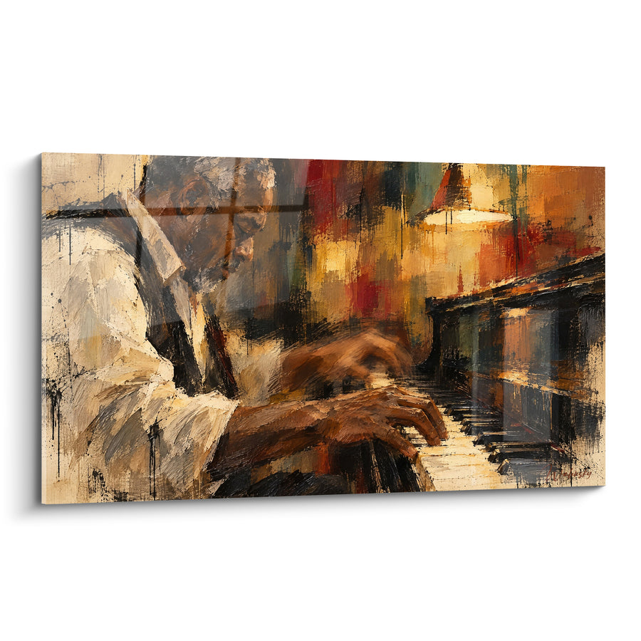 Tableau Pianiste aux mains ocre et noires - Improvisation nocturne - Edition Piano