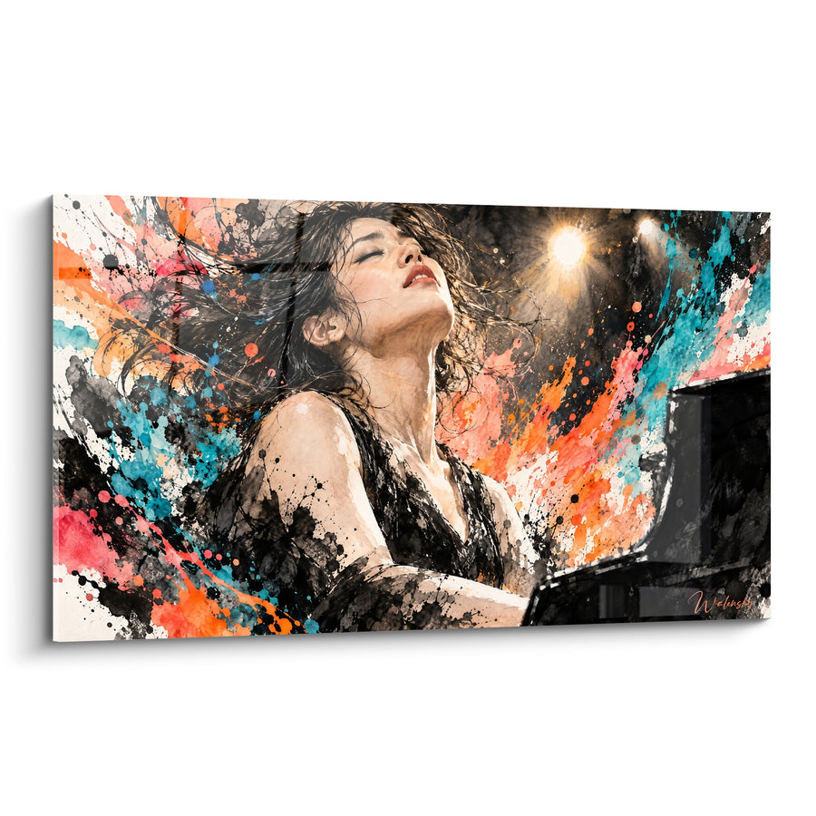 Tableau Pianiste brune aux éclaboussures orange et turquoise sous projecteurs - Cheveux dénoués en mouvement - Edition Piano