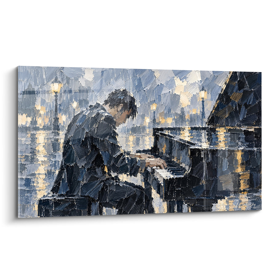 Tableau Pianiste gris et doré près des réverbères - Quai sous la pluie - Edition Piano