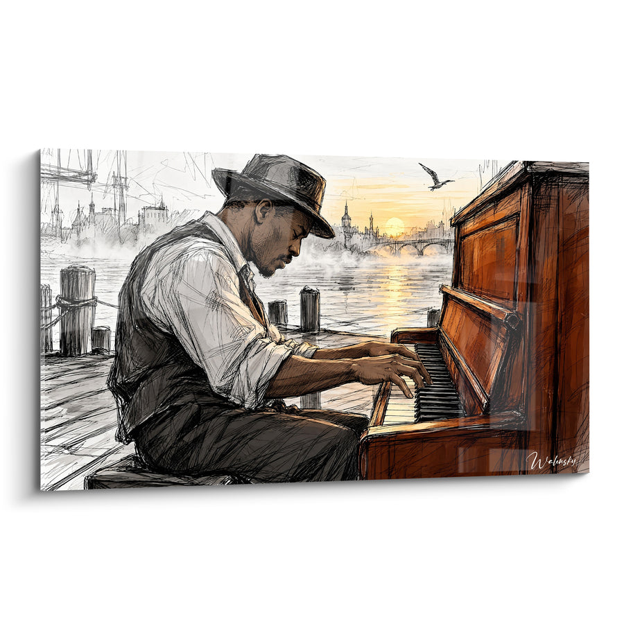 Tableau Pianiste brun et blanc sur un quai - Mélodie au lever du jour - Edition Piano