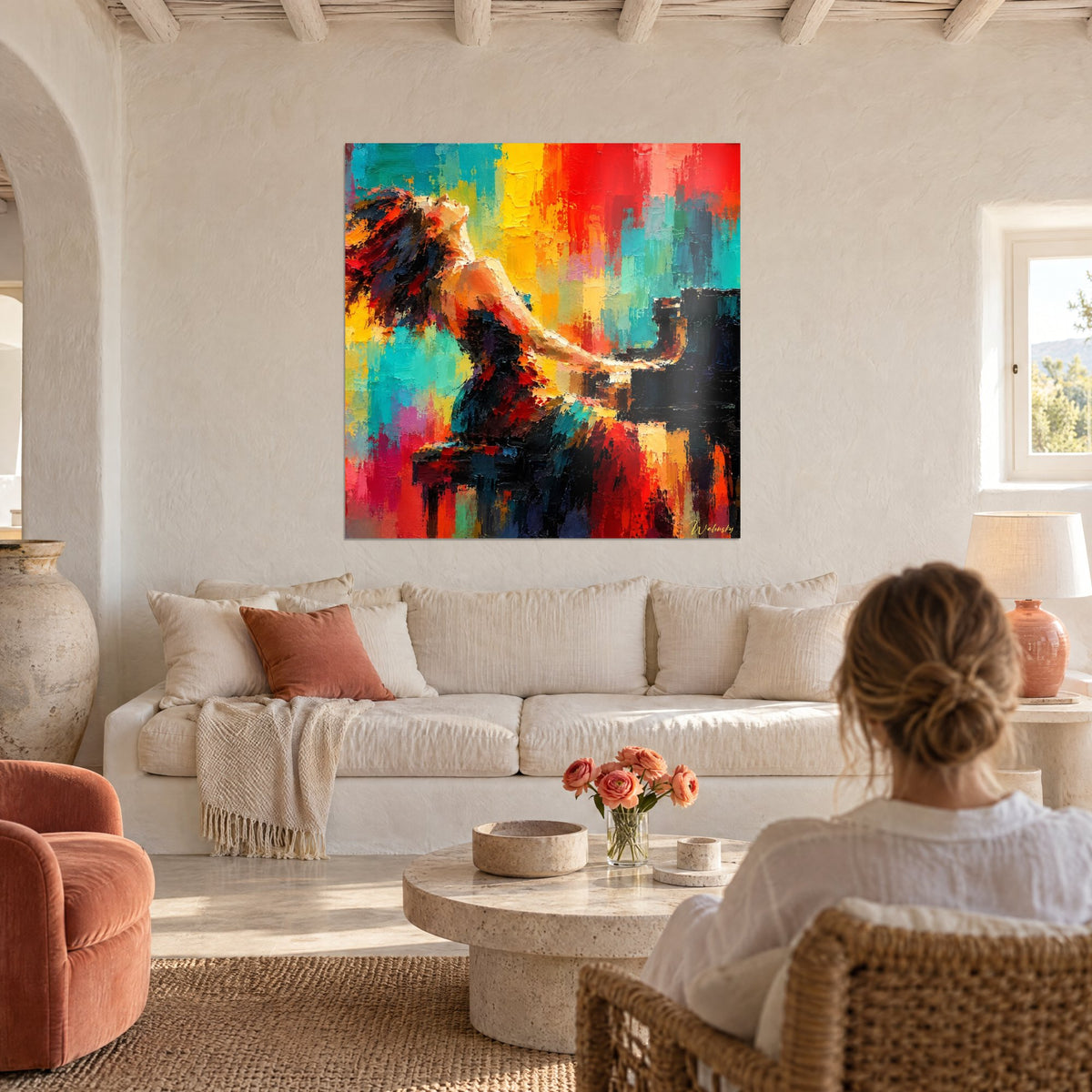 Tableau pianiste tête renversée, empâtements rouge vif et turquoise, au-dessus d'un canapé dans un salon lumineux