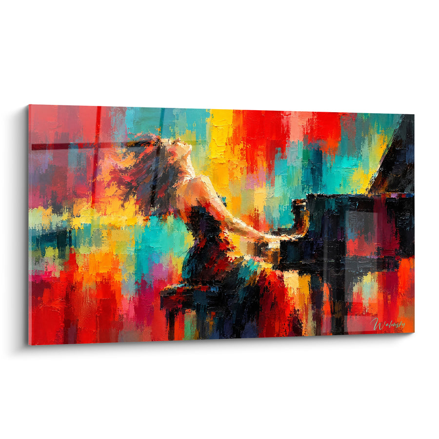 Tableau Pianiste rouge et turquoise en robe noire - Tabouret et queue ouverte - Edition Piano