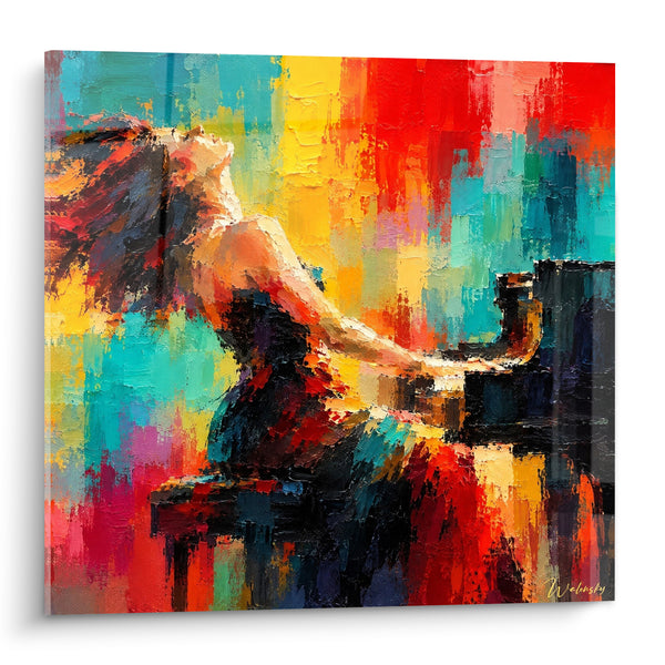 Tableau Pianiste tête renversée rouge turquoise - Transe musicale - Edition Piano