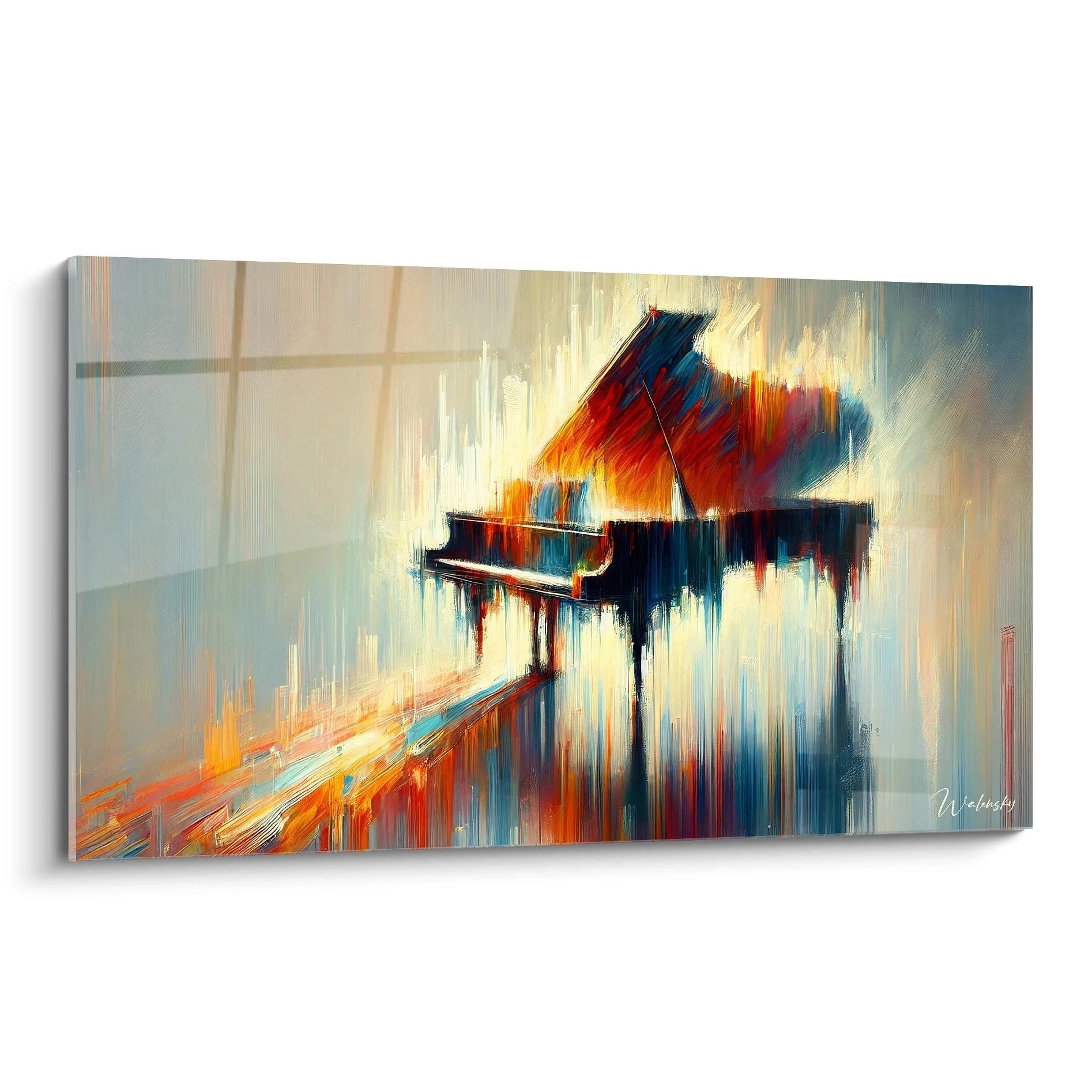 Vue de biais de "Piano Rêveur", le piano à queue baigné de couleurs éclatantes. Les teintes vives et le mouvement fluide des lignes créent une ambiance musicale abstraite et captivante.