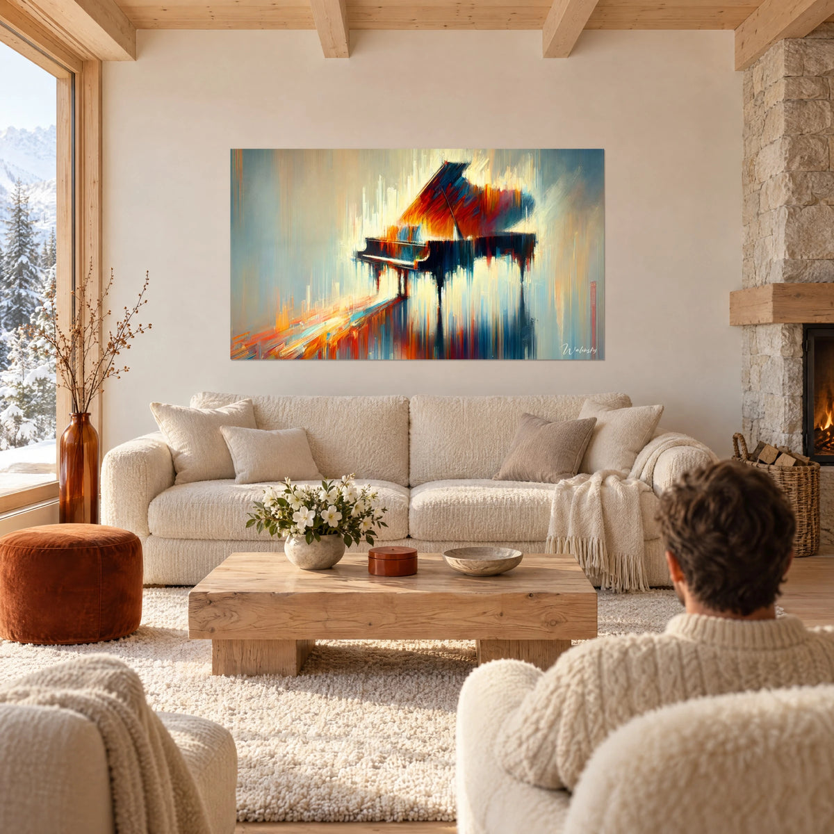 Tableau piano à queue aux coulures orange et bleu nuit, couvercle rouge flamboyant, au-dessus d'un canapé dans un salon lumineux