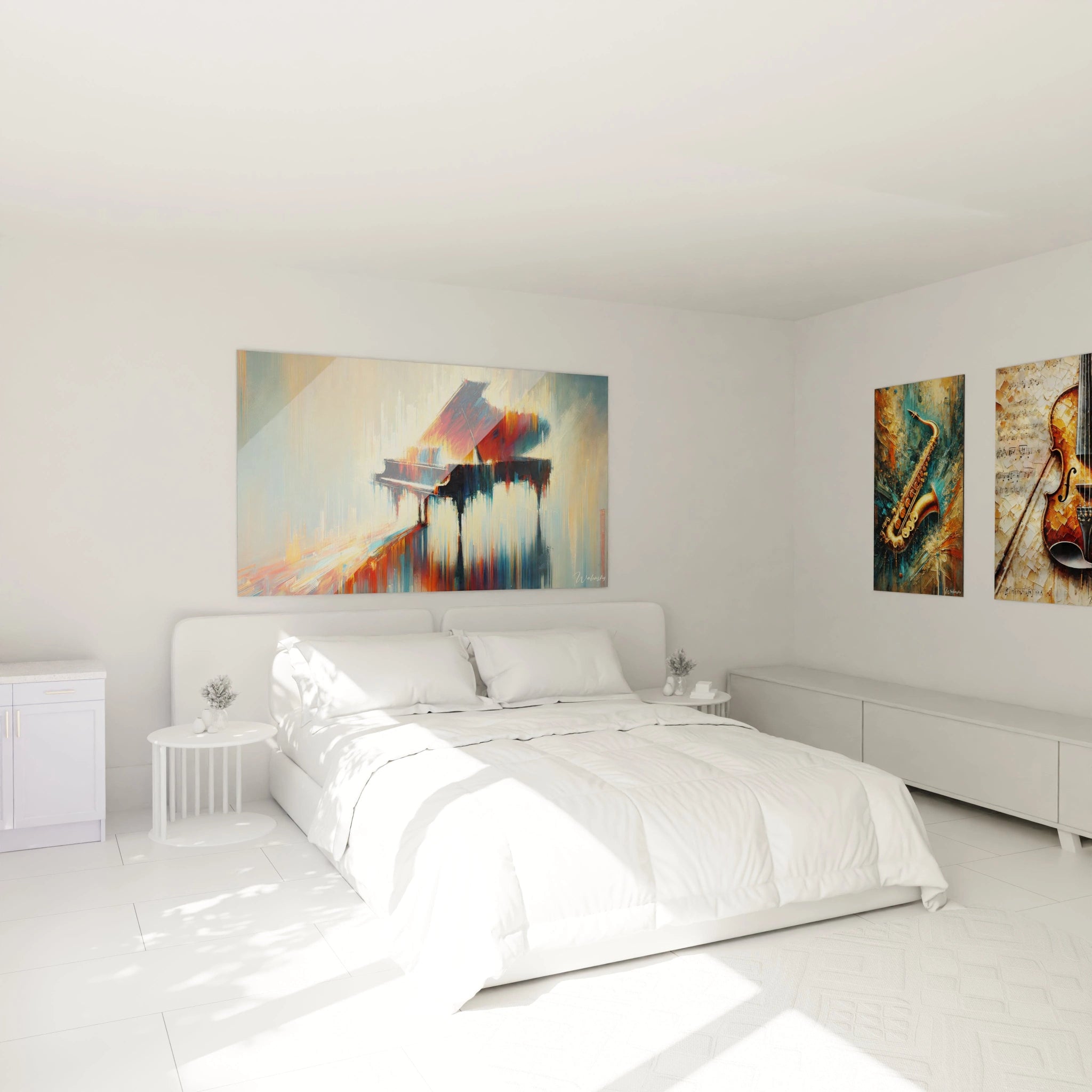 Piano Rêveur" accroché au-dessus du lit, ajoutant une touche de rêve et de couleurs vibrantes. Les nuances chaudes et froides apportent une atmosphère sereine à la chambre.