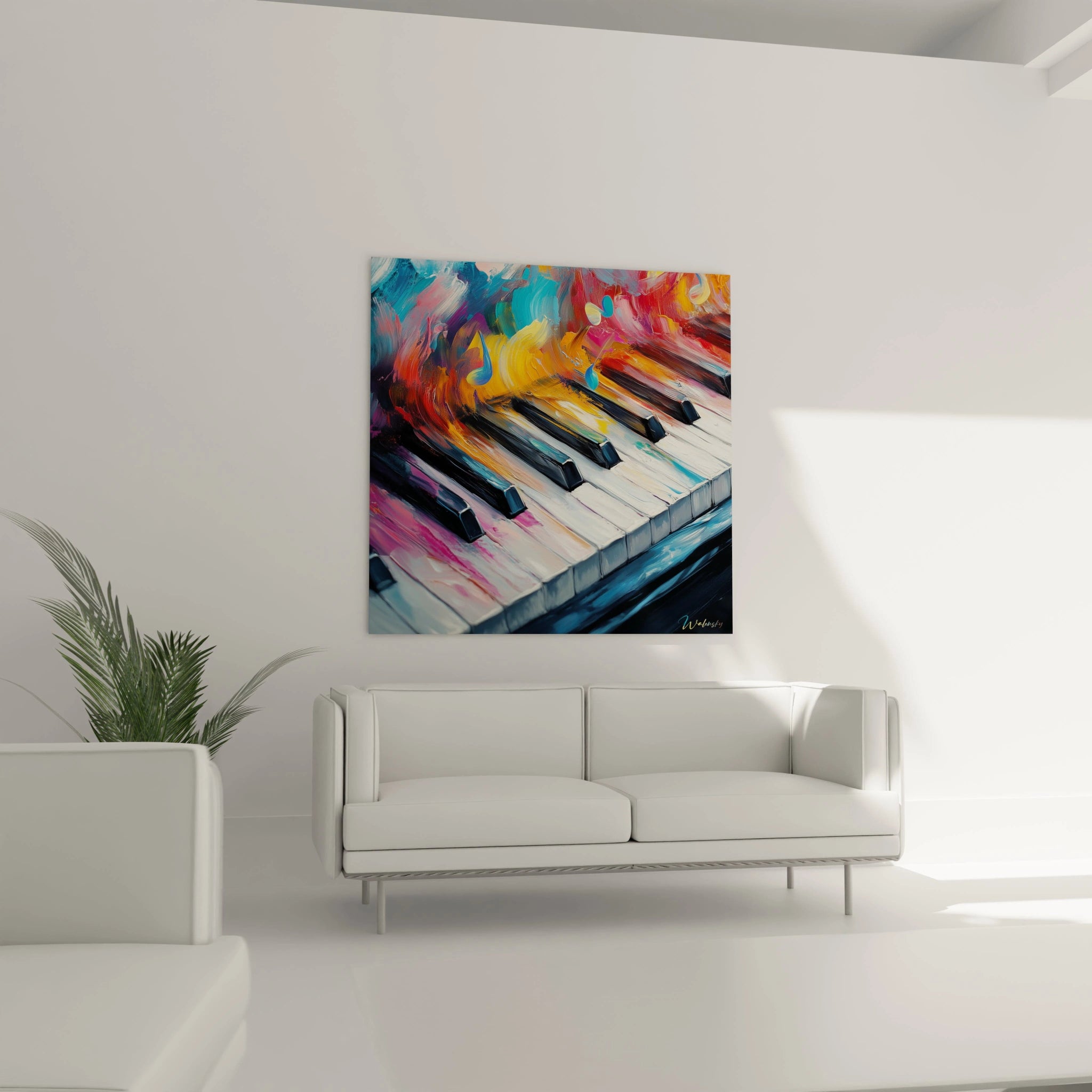 Un tableau musical montrant un piano d'où s'échappent des flots de couleurs dynamiques - turquoise, rouge, jaune et violet - appliqués en couches épaisses qui suggèrent le mouvement et créent une représentation visuelle de la musique en action.
