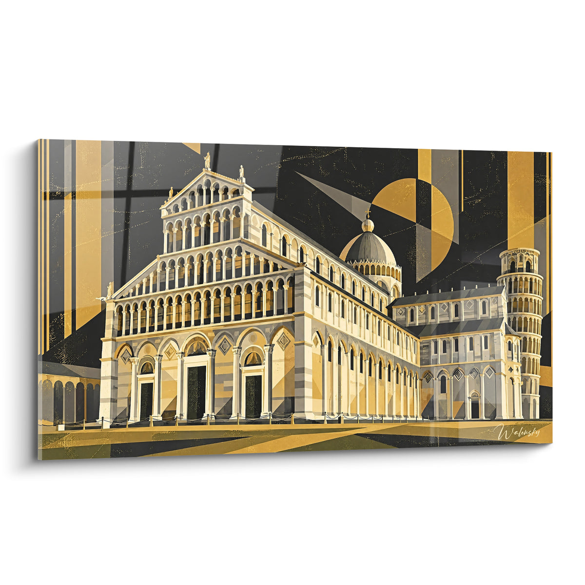 Tableau Piazza dei Miracoli doré avec cathédrale crème et ciel anthracite géométrique