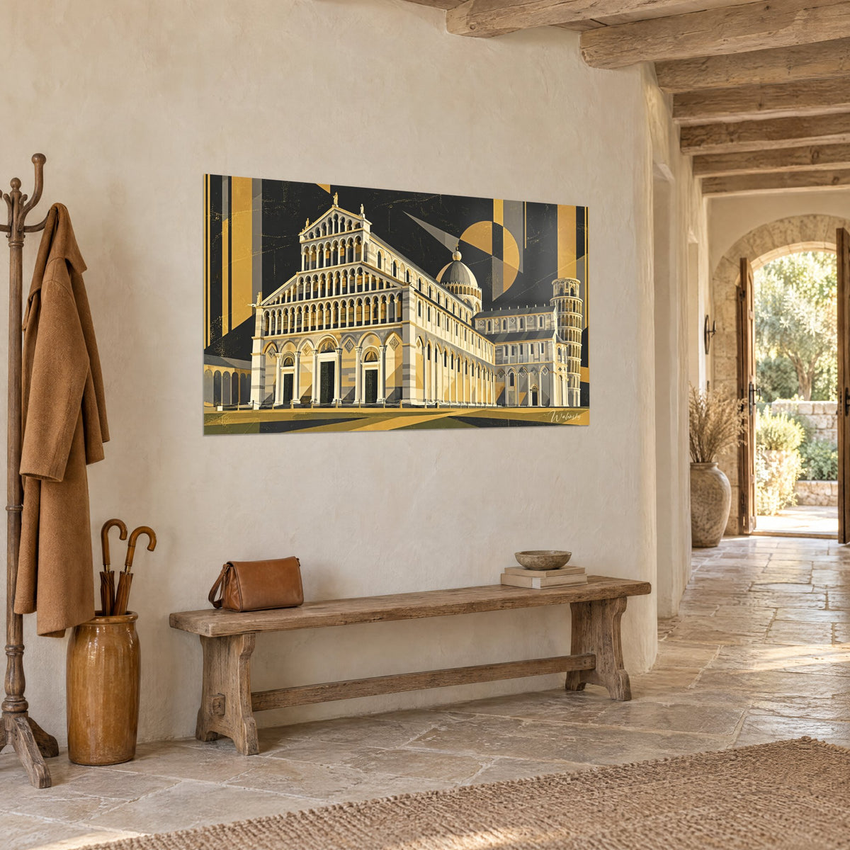 Tableau duomo toscan aux arcades ivoire et jaune doré, tour penchée à droite, sur un mur de pierre près d'un banc rustique