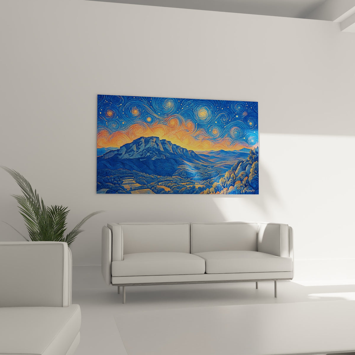 Sommet rocheux bleu et orangé aux tourbillons graphiques, suspendu au-dessus d'un canapé dans un salon lumineux