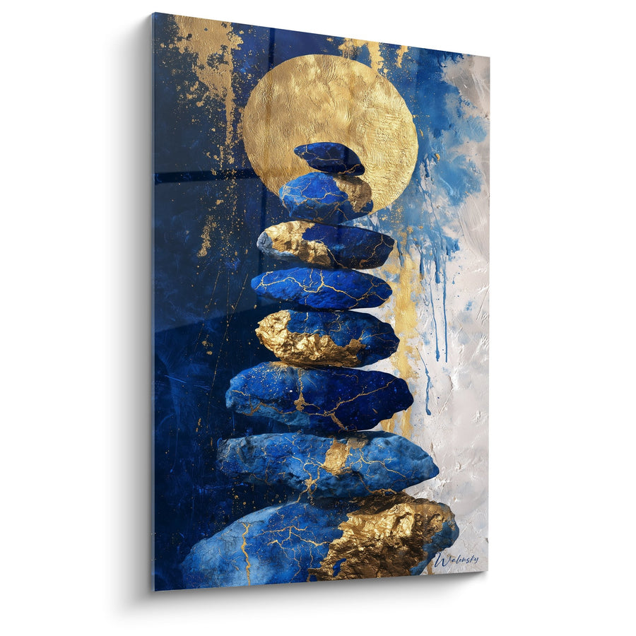 Tableau Pierres Bleues Équilibrées avec Cercle Doré - Sérénité Aquatique - Edition Feng shui Nord Eau