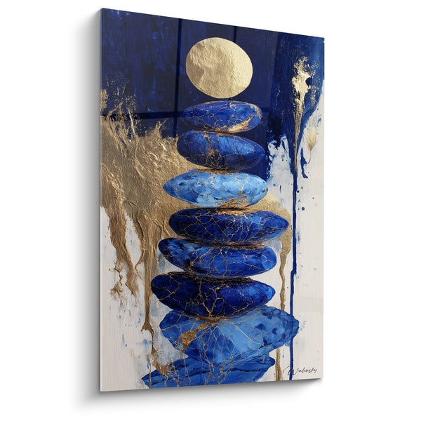 Schilderij Gestapelde Blauwe Stenen en Gouden Maan - Minerale Sereniteit - Feng Shui Noord Water Editie