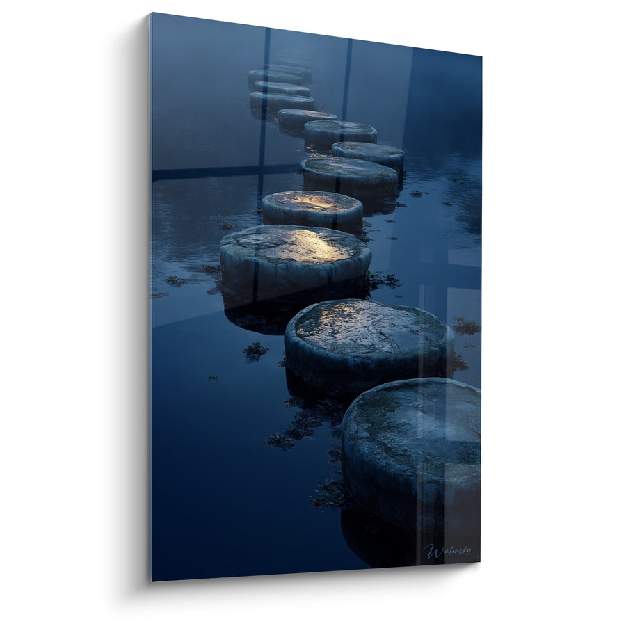 Tableau pierres de gué dans l'eau bleue nocturne - Chemin de sérénité - Edition Feng shui Nord Eau