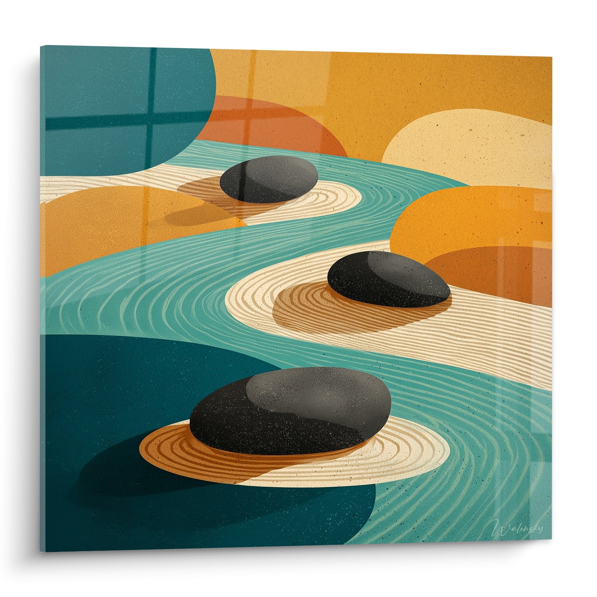 Zen stones black circles concentric turquoise ochre Sand Edition wall decoration