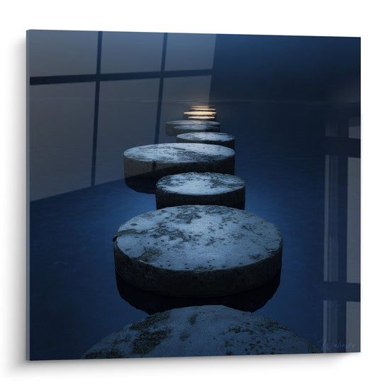 Tableau pierres zen flottantes reflets bleus lumiere doree meditation feng shui nord eau