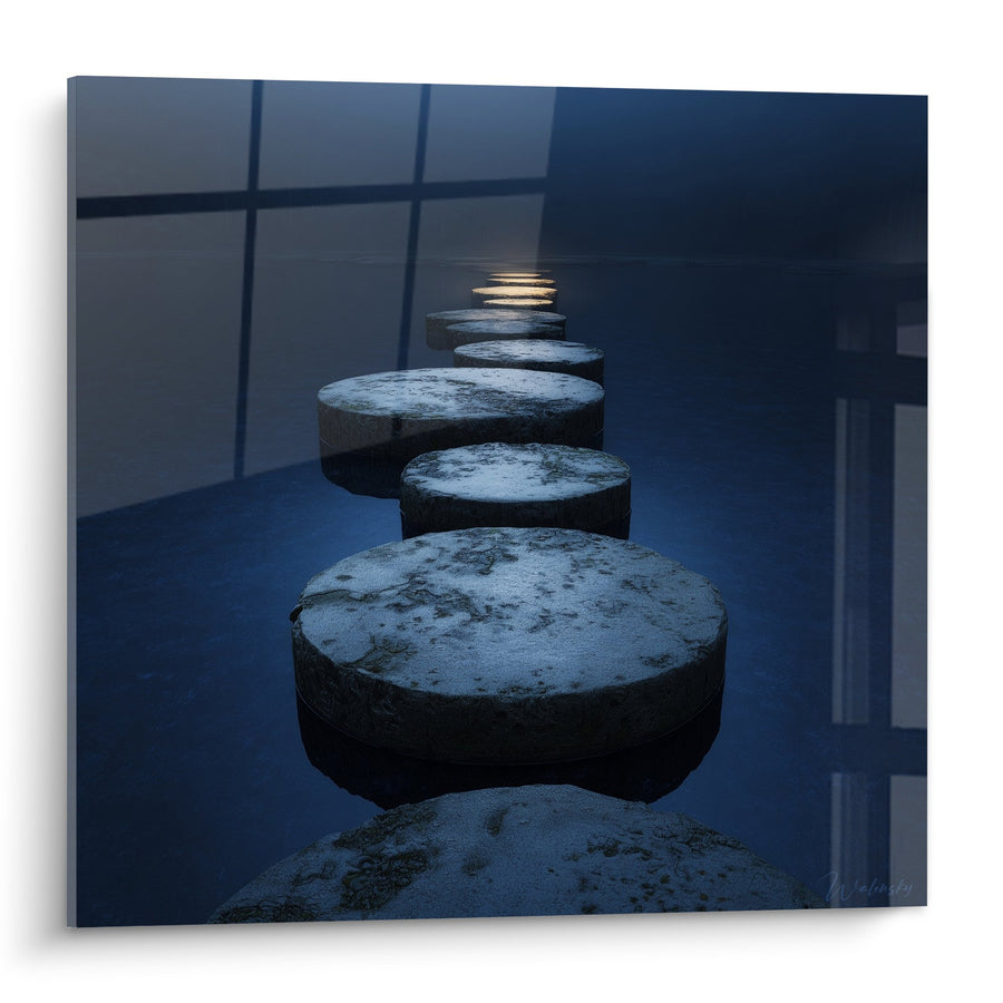 Tableau pierres zen flottantes dans reflets bleus nocturnes - Sérénité aquatique - Edition Feng shui Nord Eau