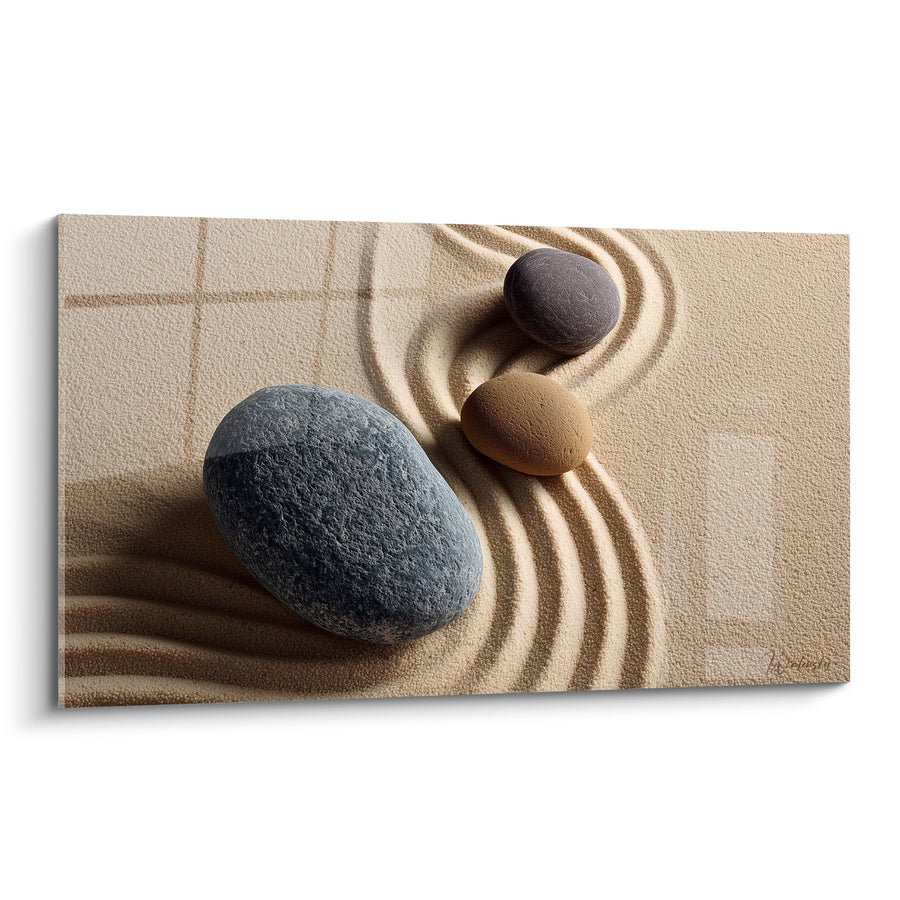 Tableau pierres zen grises et brunes sur sable ondulé - Harmonie minérale - Edition Sable