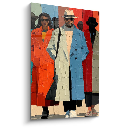 Tableau Silhouettes urbaines manteaux orange et bleu ciel - Chapeau blanc et lunettes noires - Edition style Peinture abstrait