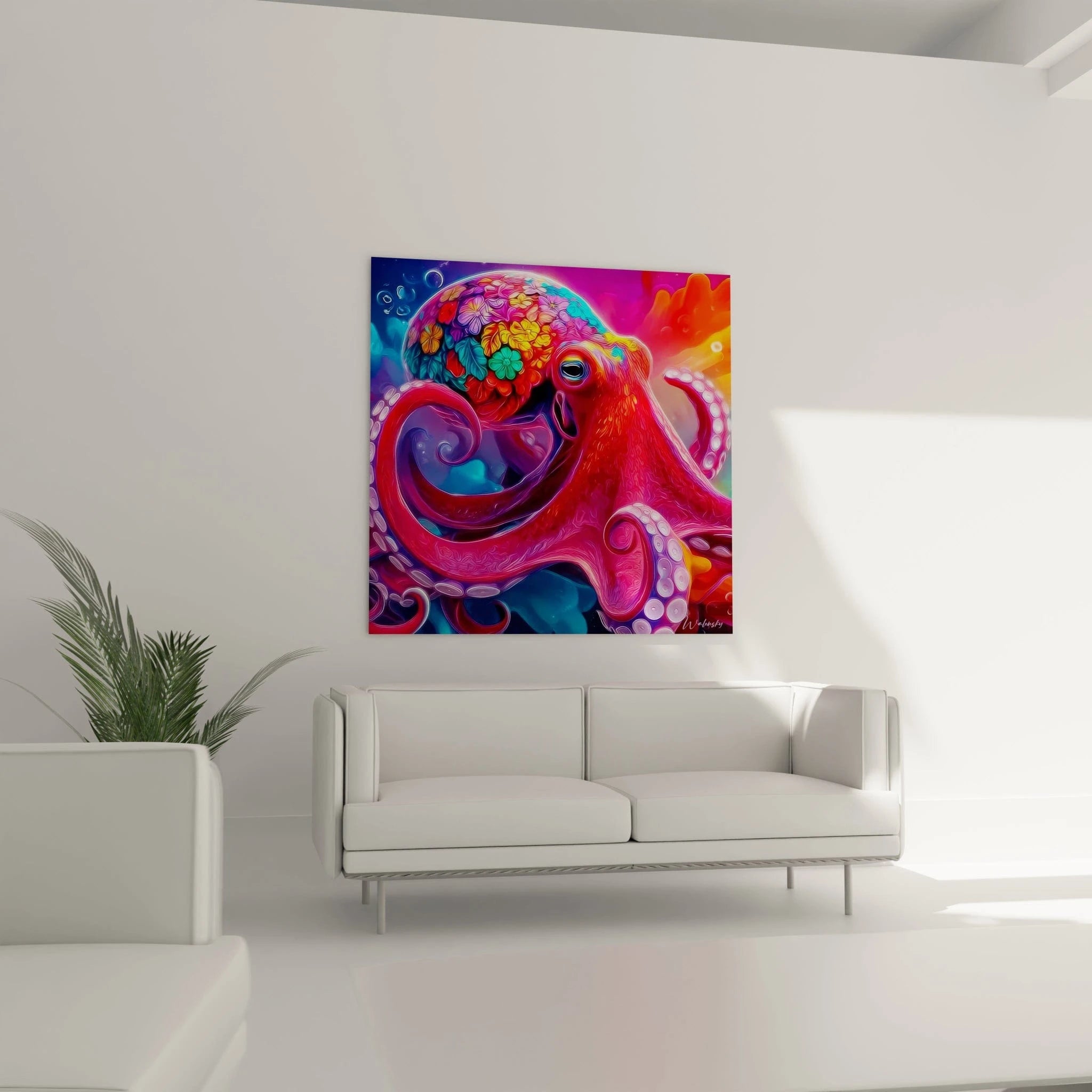 Gros plan détail tableau pieuvre fleurs tropicales tentacules colorées art mural océanique édition Kraken