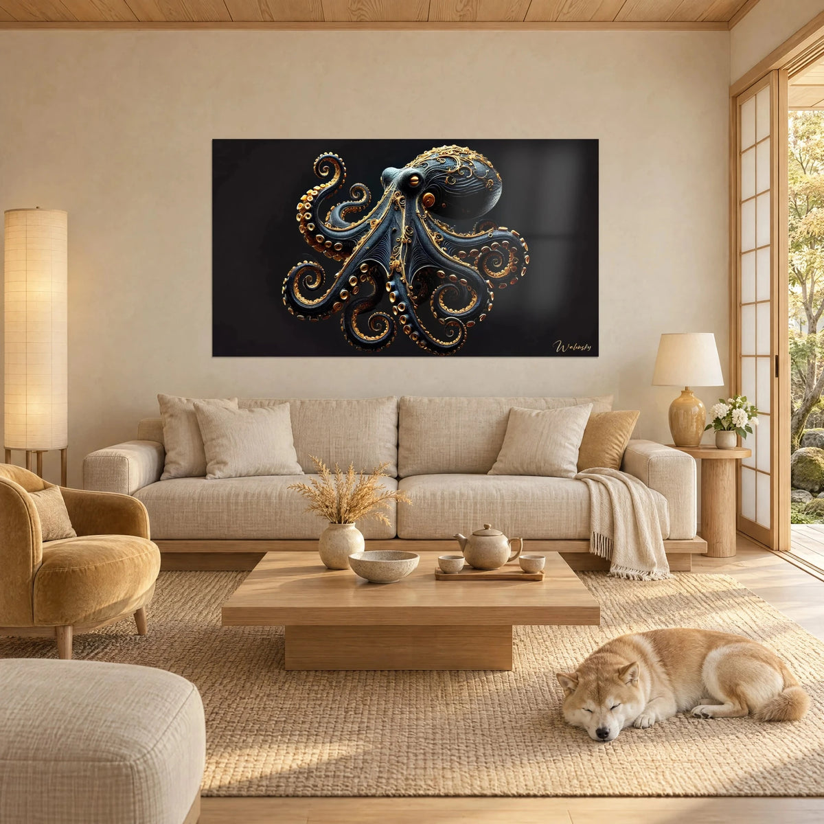 Gemälde einer königlichen Krake mit schiefergrauen, golden durchzogenen Tentakeln und goldenen Saugnäpfen, ein schlafender Shiba über einem Sofa in einem hellen Wohnzimmer