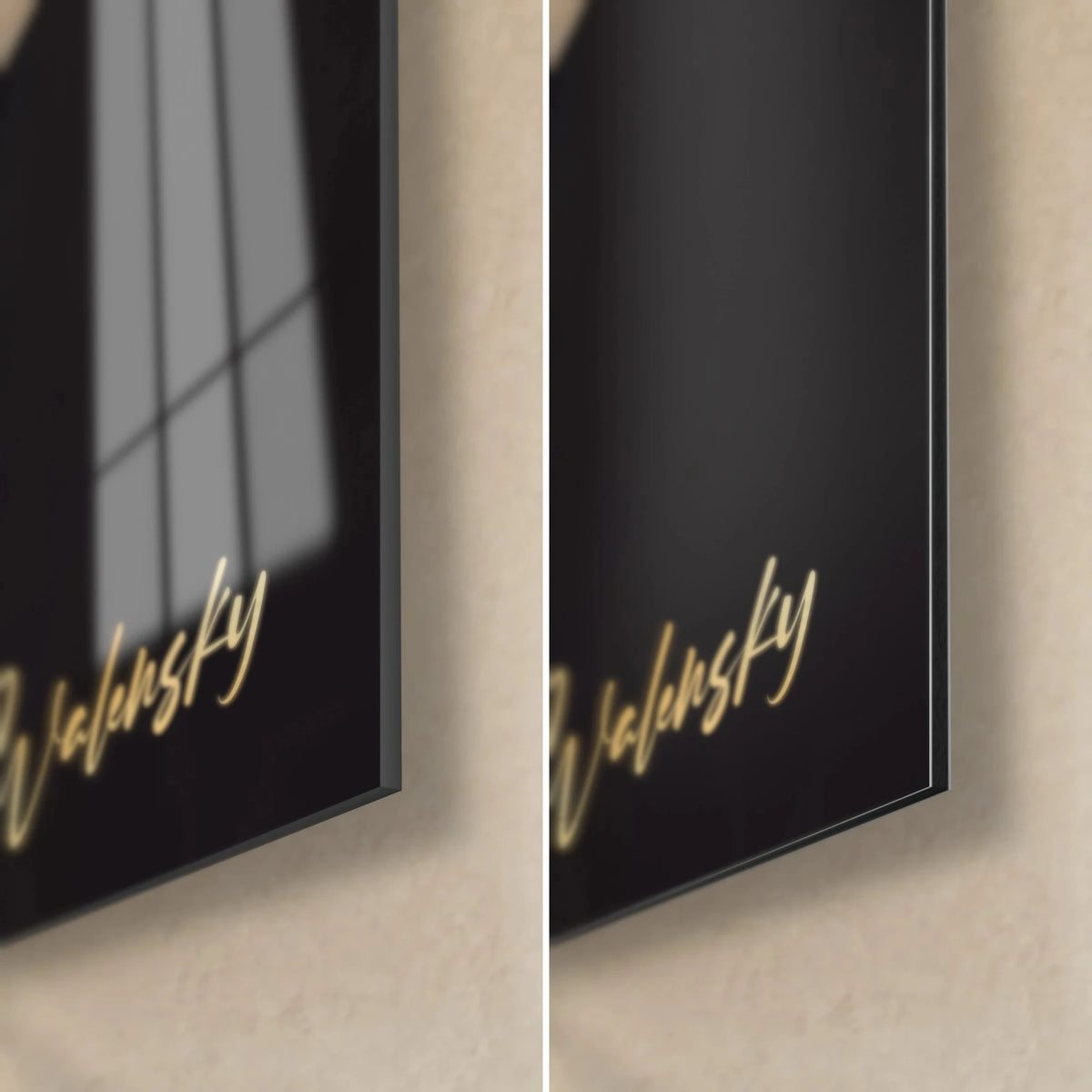 Gemälde eines Kopffüßers in Schwarz und Gold mit goldener Walensky-Signatur, untere rechte Ecke: glänzendes Acrylglas links, mattes Dibond rechts