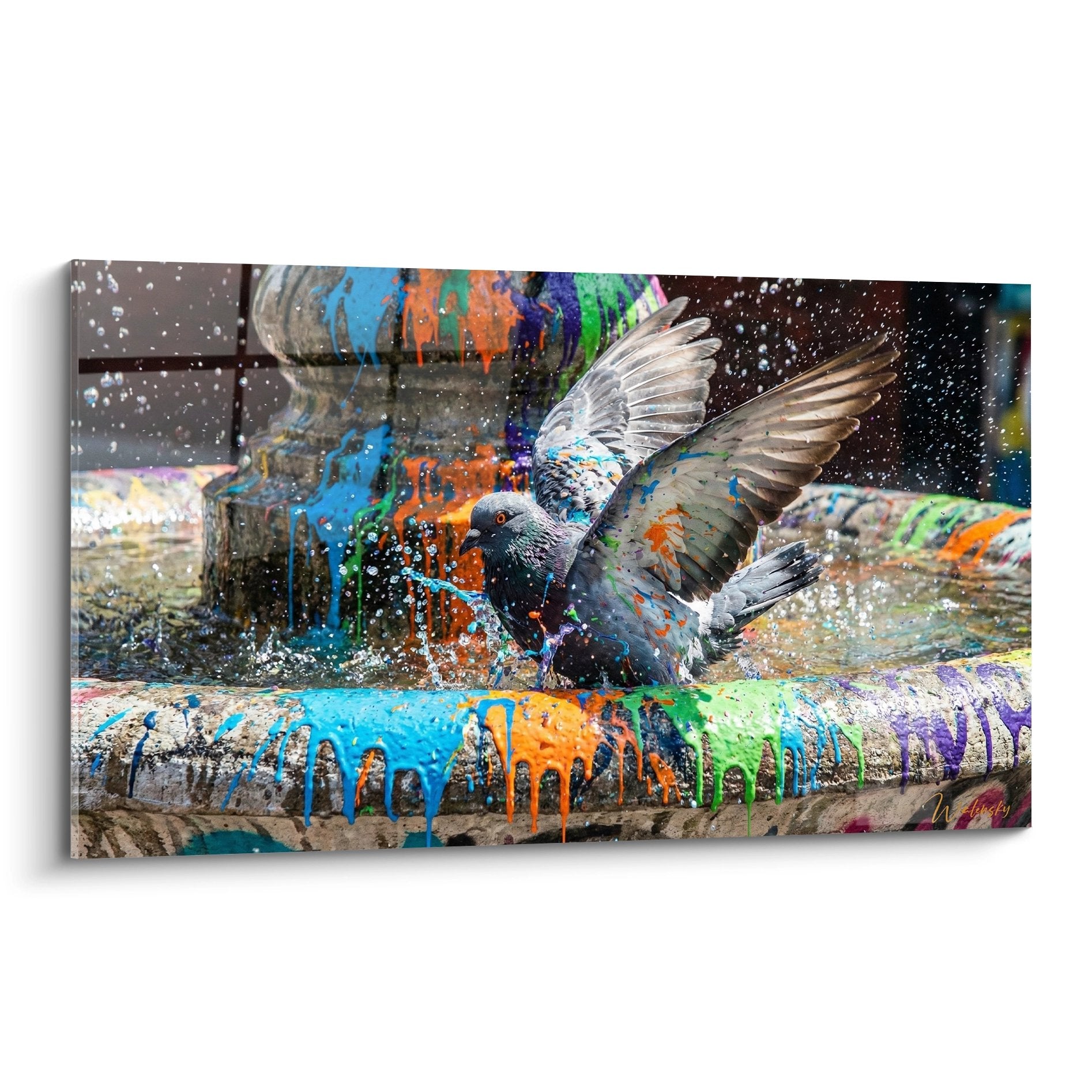 Taube mit ausgebreiteten Flügeln in Explosion lebendiger Farben Blau Orange Grün zeitgenössische Urban Art