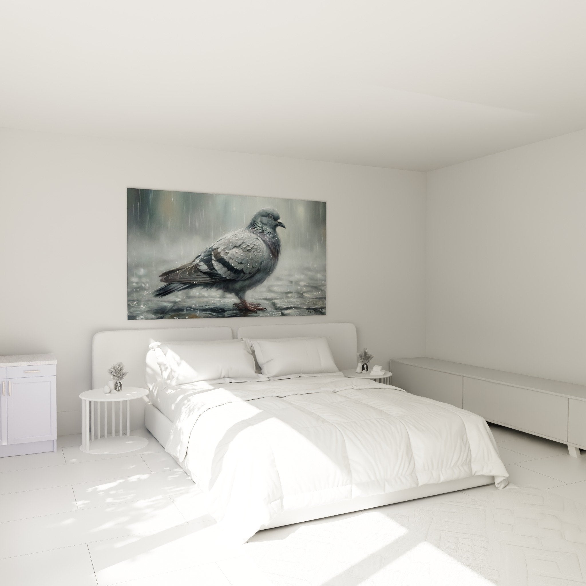 Gemälde Taube im Regen im modernen Schlafzimmer beruhigende Wanddekoration graue Töne