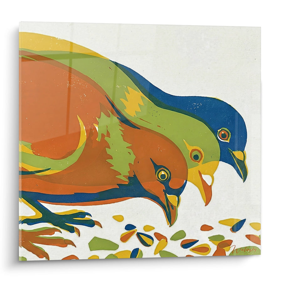 Tableau Pigeons Multicolores aux Tons Bleu Orange et Vert - Envolée Artistique - Edition Pigeon