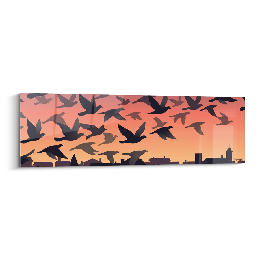 Tableau Vol de Pigeons sur Fond de Coucher de Soleil - Migration Urbaine - Edition Pigeon