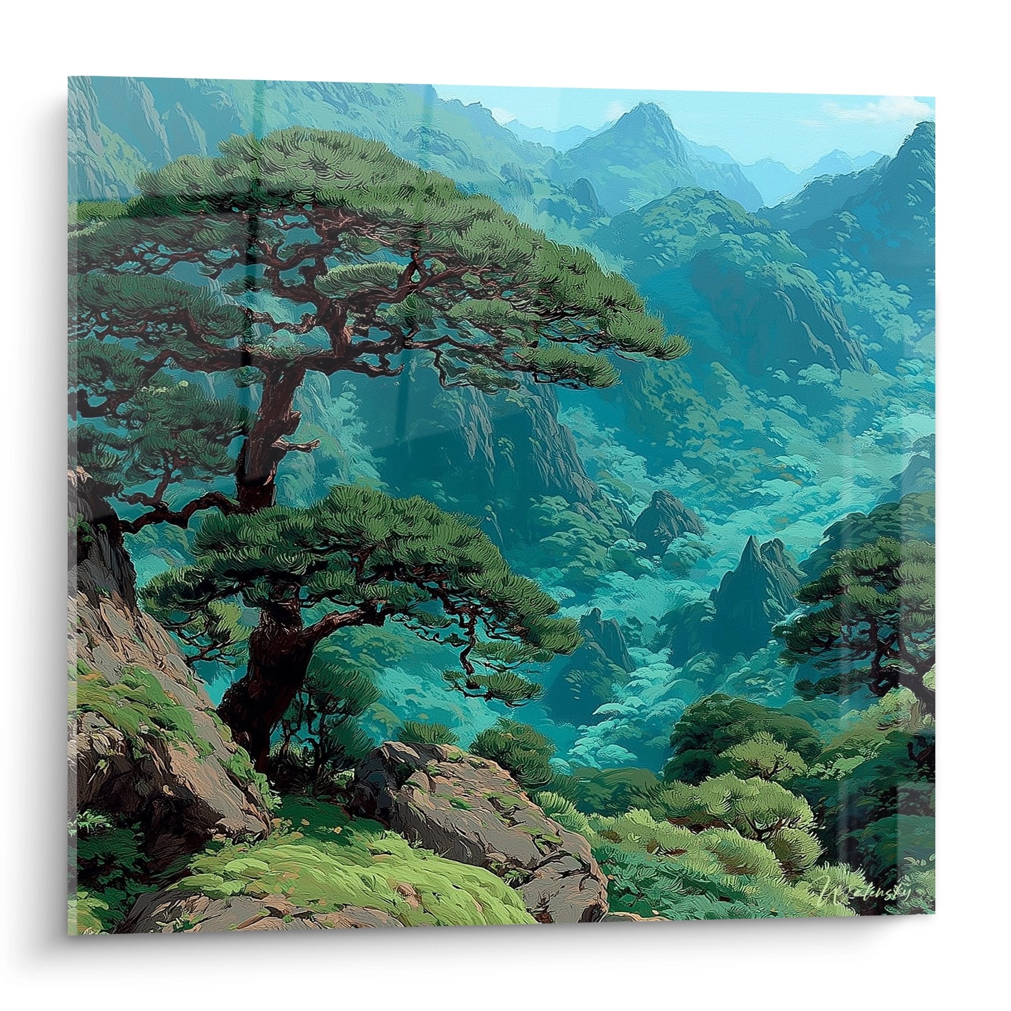 Tableau mural pin montagne style japonais avec paysage forestier bleu-vert et rochers