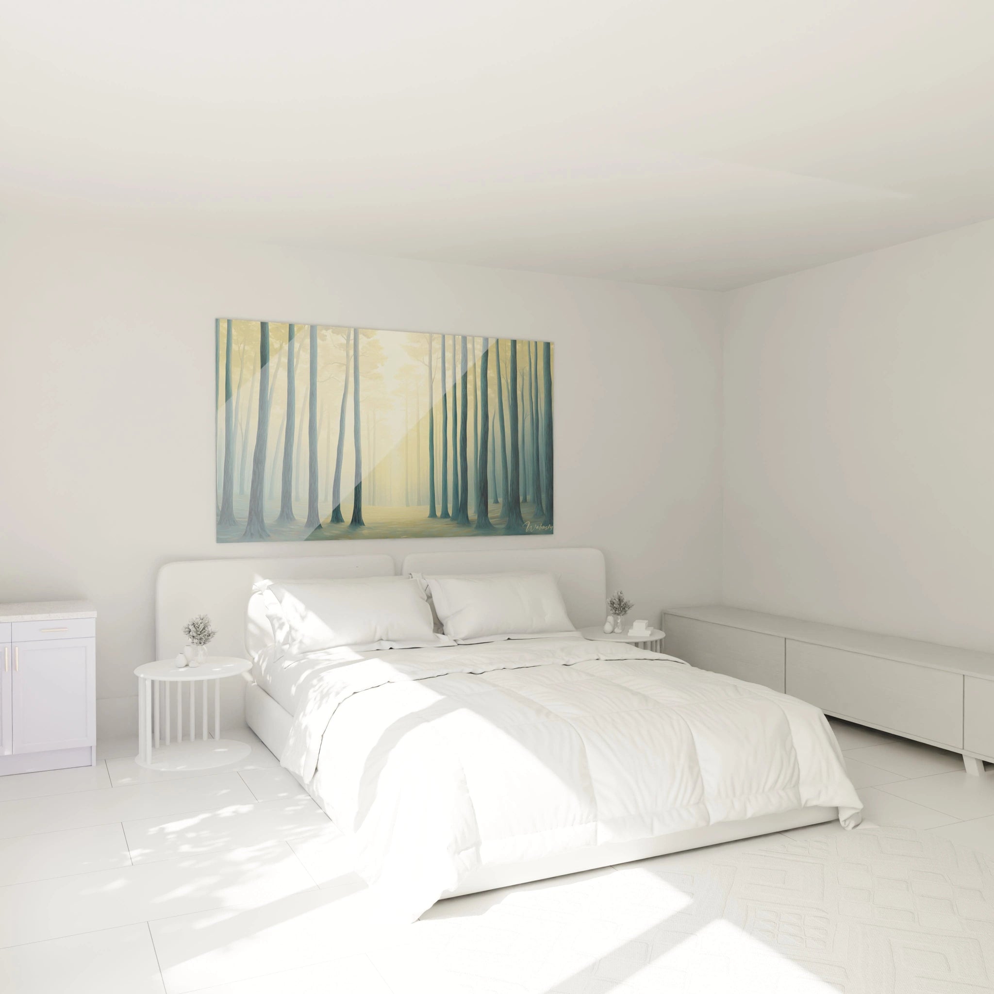 Un tableau Pin nature illustrant une rangée de pins verticaux sur un sol bleuté, avec un arrière-plan dégradé de beige et de jaune, mettant en avant des contrastes de lumière et d’ombre.

