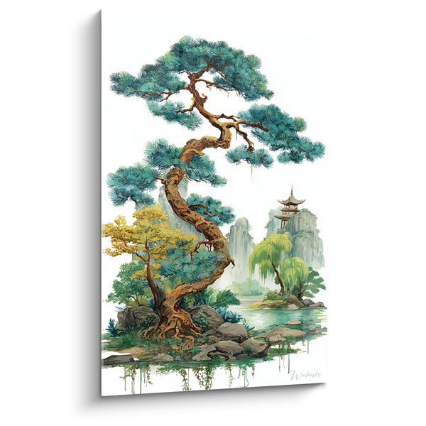 Schilderij van een Gedraaide Pin met Turquoise Tinten en Traditionele Tempel - Oosterse Sereneheid - Pagode Editie