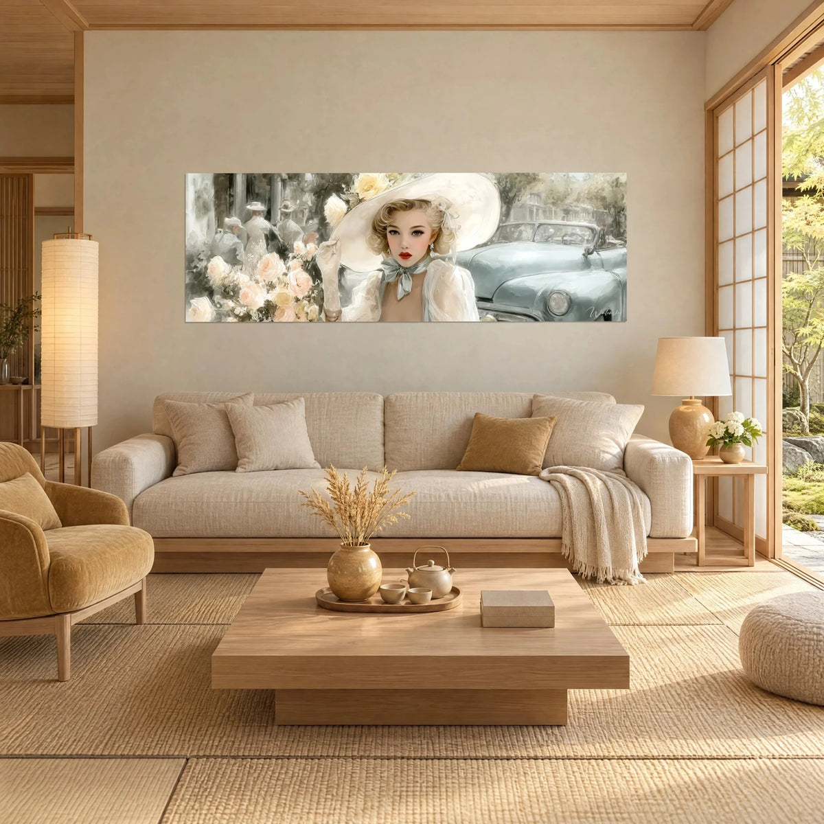 Tableau pin-up chic au chapeau crème et lèvres rouges, cabriolet bleu-gris et roses pâles, au-dessus d'un canapé dans un salon lumineux